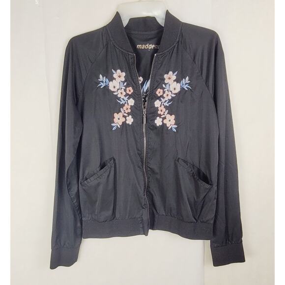 Madden NYC black satin floral embroidered jacket Size medium Y2K Boho Cottage - Picture 1 of 8
